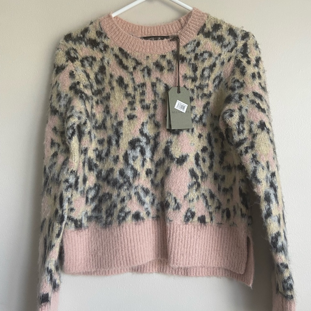 New AllSaints Animal Print Cropped Aurora Crew Fuzzy Pink Leopard Sweater XS NWT